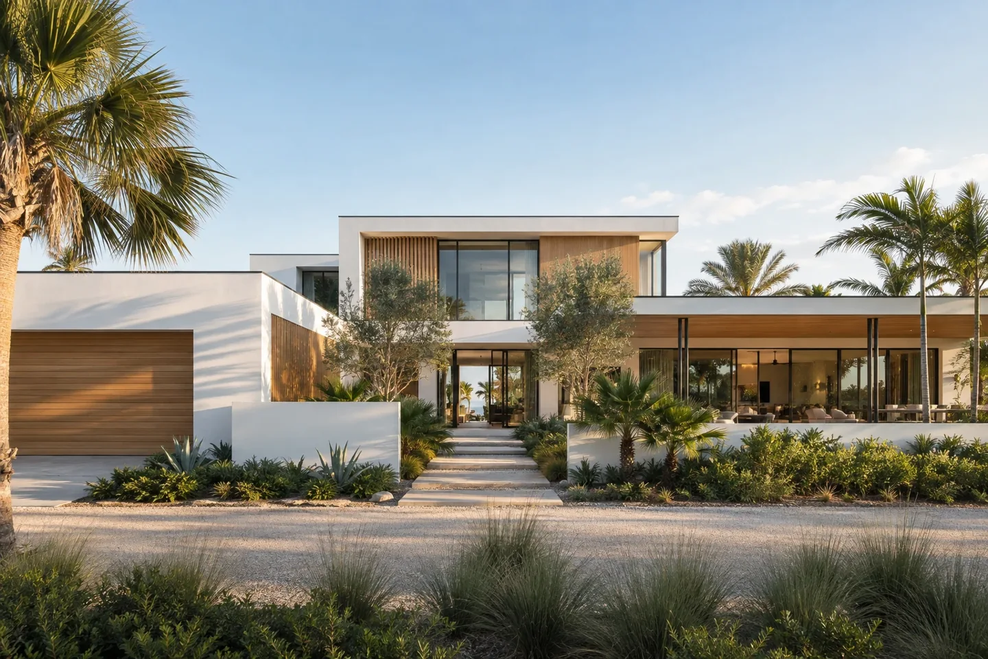 A white stucco Florida home with cedar details and a landscaped courtyard