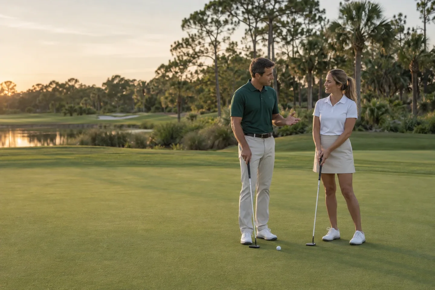 A golf coach and student on a sunny practice green